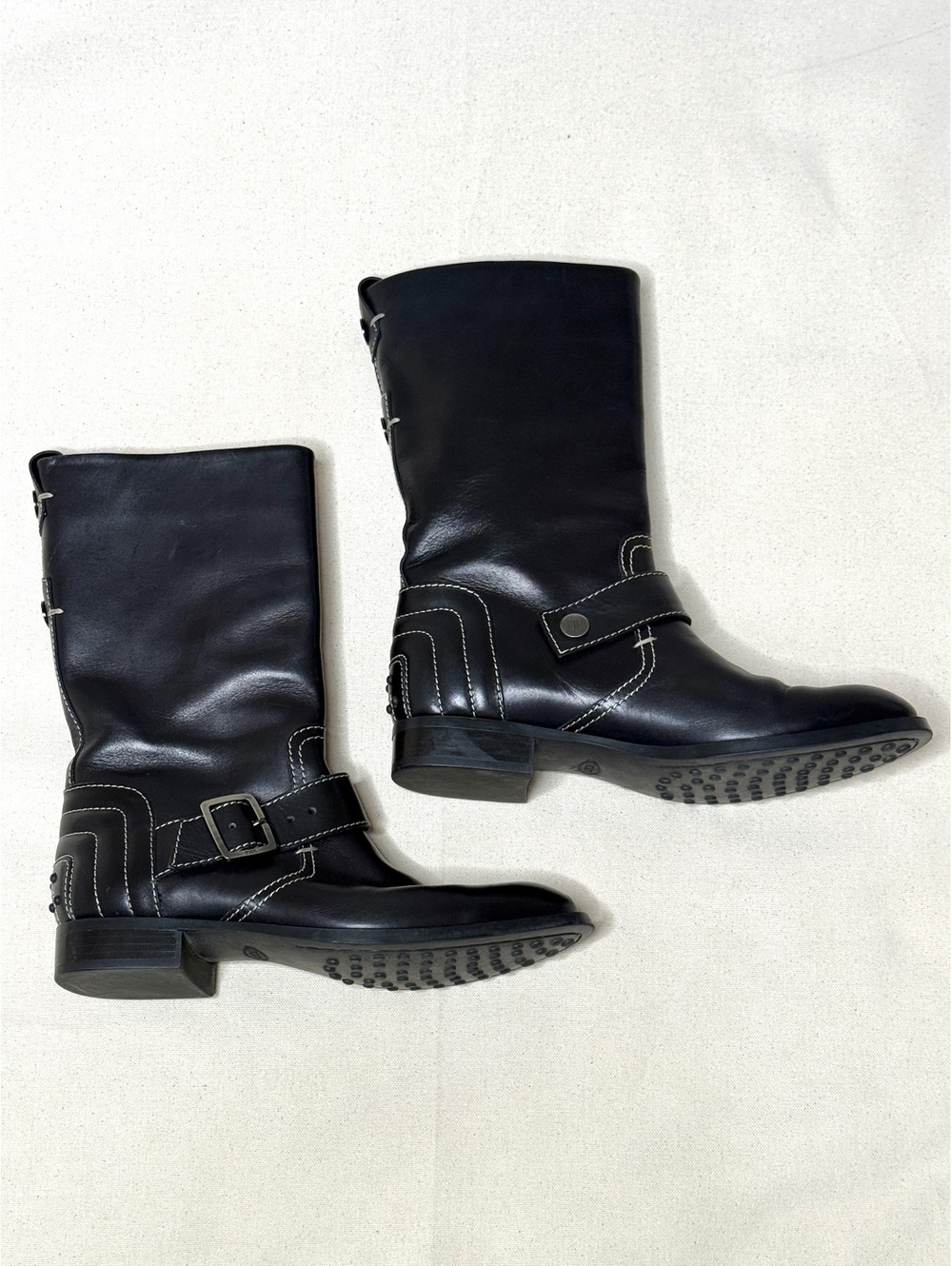 Tod’s Black Leather Moto Biker Boots Size 38.5 Buckle Studded Riding Boots